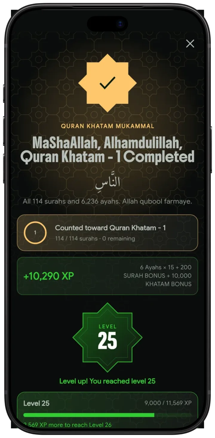 Quran Khatam 1 completed: all 114 surahs and 6,236 ayahs read
